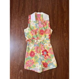 Sugar Thrillz Groovy Happenings Floral Romper Retro Go-Go Collard Zip Medium 60s